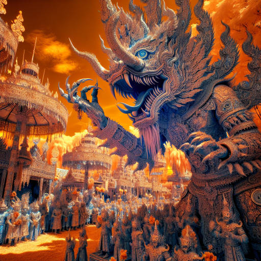 Imagine a mythical creature from ancient folklore participating in a vibrant cultural festival, captured in a stunning infrared photograph. Let your imagination run wild as you bring together elements of fantasy and mythology with the energy and colors of a traditional celebration, all seen through the unique lens of infrared photography. Create a scene that is both otherworldly and familiar, filled with magic, mystery, and cultural richness.