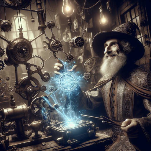 Create an image of a technics-savvy portrait wizard, using their magical powers to manipulate complex machinery and gadgets with a mischievous grin on their face.