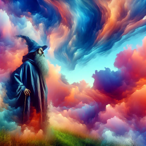 Create an image of a wise and ancient wizard gazing up at the vibrant and ever-changing sky, with his portrait subtly reflected in the clouds above, as if his presence is intertwined with the very elements of nature.