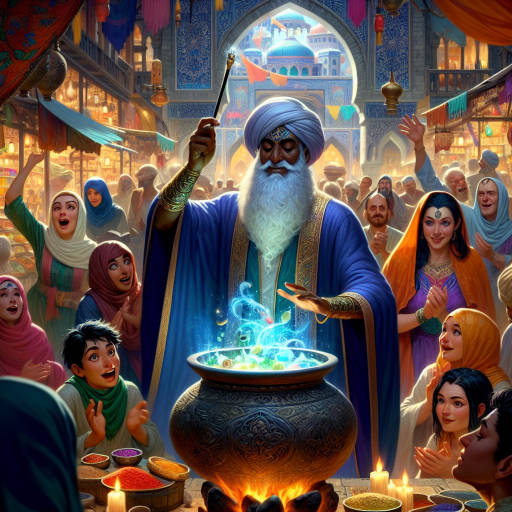 A wizard cooking up a magical feast in a bustling marketplace filled with people eagerly watching as the food transforms before their eyes.