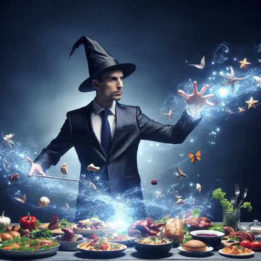 Create an image of a mystical wizard in a sleek business suit conjuring up a delicious feast of gourmet food with his magical powers.