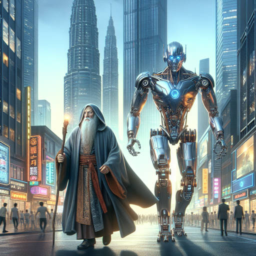 In a bustling city of towering skyscrapers and bustling streets, a wise and mysterious wizard walks among the crowds, his cloak shimmering with magical energy. At his side, a towering robot with glowing eyes and sleek metal limbs follows, ready to unleash its powerful technological abilities at the wizard's command. Together, they are a formidable duo, blending the ancient arts of magic with the cutting-edge innovations of the future in a mesmerizing display of urban magic. Create an image capturing this unique and otherworldly partnership in the heart of the city.