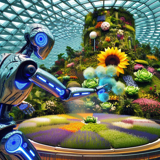 Create an image of a futuristic robotic gardener creating an intricate masterpiece of living art using vibrant flowers and plants.