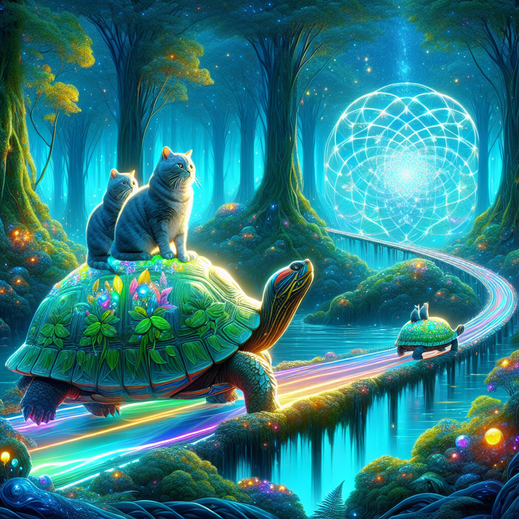 "Imagine a futuristic world where cats ride on the backs of giant, leaf-covered turtles through a lush, enchanted forest. The cats guide their turtle steeds through crystal-clear rivers and over rainbow bridges, their fur shimmering in the magical light of the forest. Capture this whimsical scene in a vibrant and enchanting image."