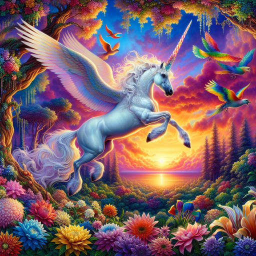 An image of a majestic unicorn flying through a sunset-filled sky, surrounded by a colorful array of exotic birds and blooming flowers in a lush enchanted forest.