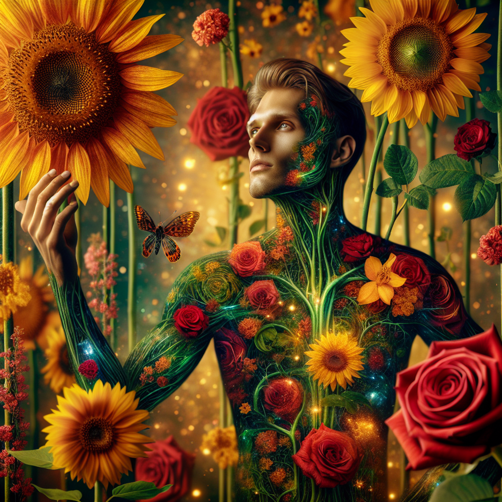 Nature: Imagine a world where people's bodies are made of vibrant, blooming flowers. What would a person made of sunflowers look like? Or a person made of roses? Create an image that blends the beauty of nature with the beauty of the human form in a unique and imaginative way.