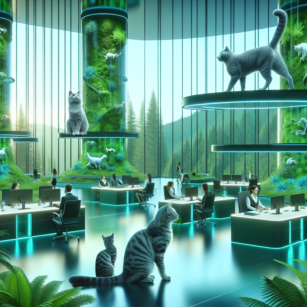 A futuristic business office nestled in the lush greenery of a magical forest, where sleek, sophisticated cats roam freely among the employees, offering wise advice and playful companionship.