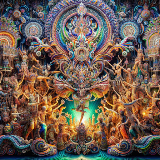 Capture a surreal and mesmerizing close-up image of a cultural festival celebration, focusing on intricate details and vibrant colors that transport the viewer into a dreamlike world where traditional customs and modern art converge in a stunning visual feast.