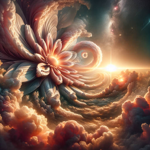 Create an image of a giant, intricate macro photography-inspired flower blooming in the surreal sky, with clouds swirling around it like petals and the sun shining through its intricate details, creating a magical and otherworldly scene.