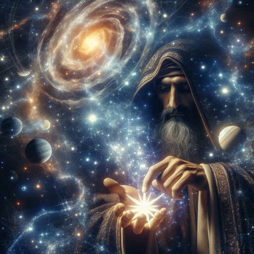 Imagine a magical wizard casting spells under the night sky, with intricate details of the cosmos captured in stunning macro photography - zoom in on the wizard's hand as he holds a glowing star, surrounded by swirling galaxies and shimmering planets.