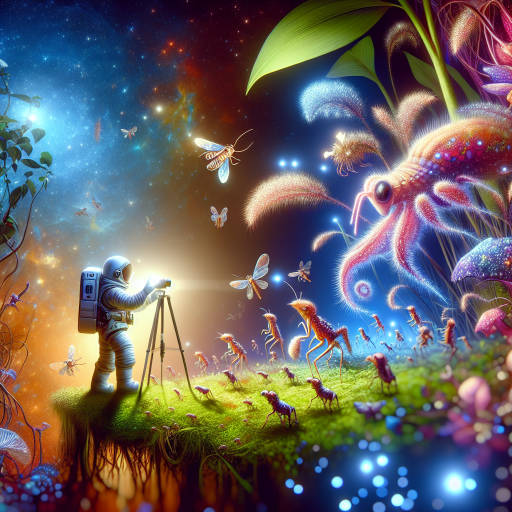 Imagine a scene where a tiny explorer in a spacesuit is exploring a vibrant, alien jungle filled with miniature wildlife and plants. The explorer is taking macro photographs of the exotic creatures as they scurry about, creating a stunning juxtaposition of space exploration and wildlife photography in a fantastical setting.