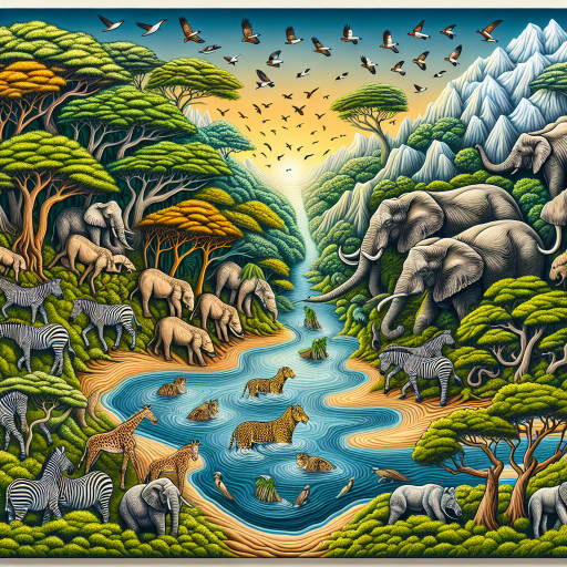 Create an optical illusion artwork depicting a majestic wildlife scene, where animals seamlessly blend into their surroundings, creating a mesmerizing and surreal visual experience.