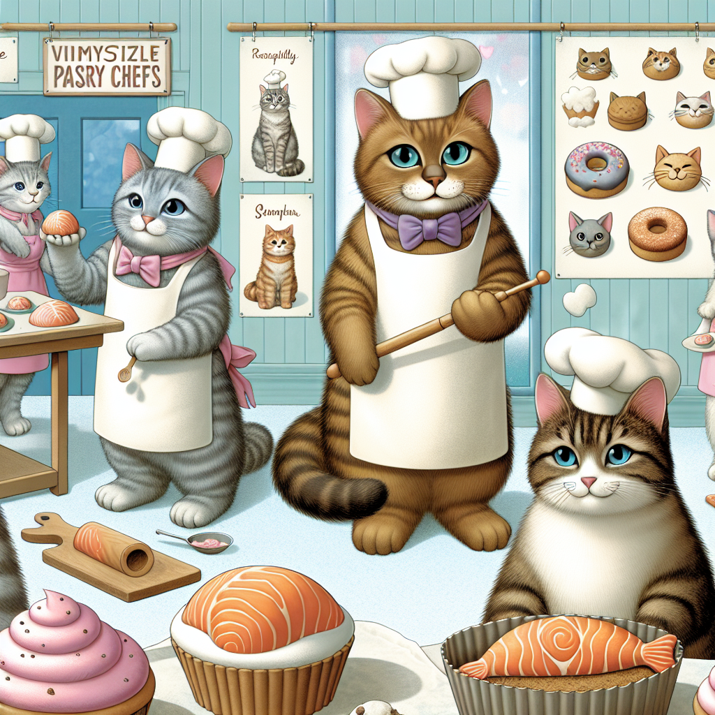 Create an image of a whimsical cat bakery, where adorable feline pastry chefs prepare delicious cat-shaped treats such as tuna-flavored cupcakes and salmon-shaped cookies.