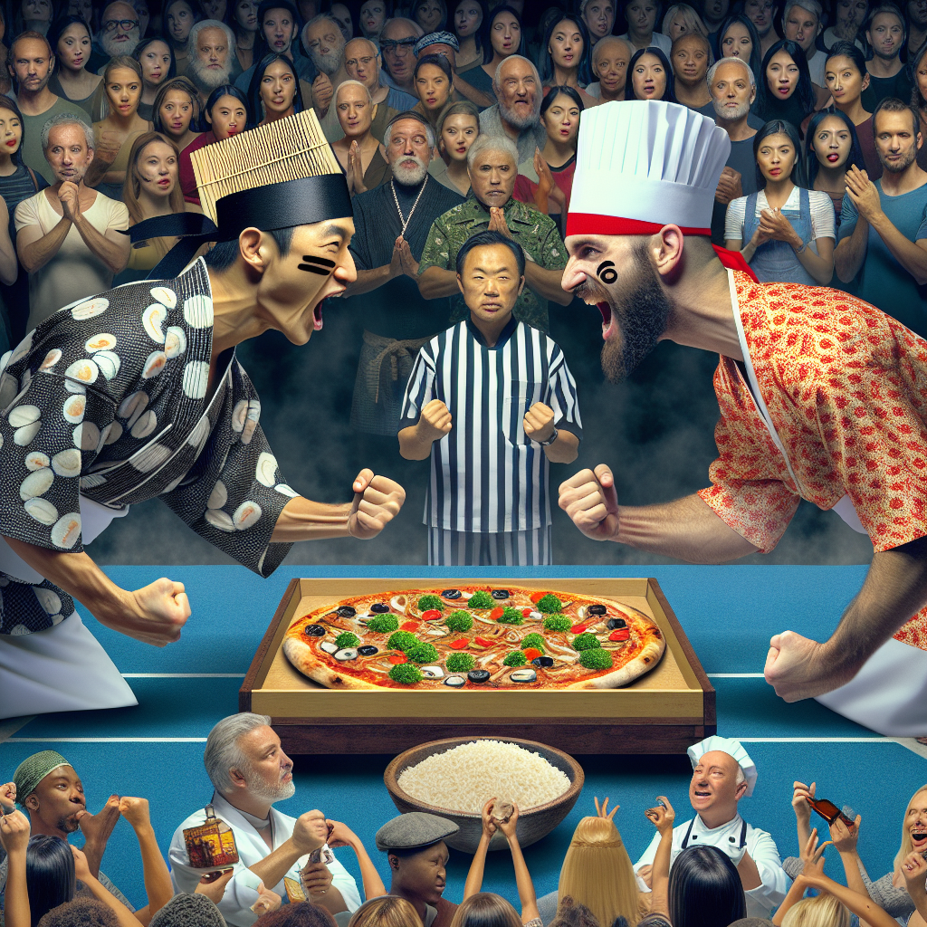 Imagine a world where athletes compete in a food-based sports tournament, with each player representing a different type of cuisine. Capture the intensity and excitement as a sushi chef faces off against a pizza maker in a high-stakes cooking competition, all while a cheering crowd of food-loving spectators looks on.