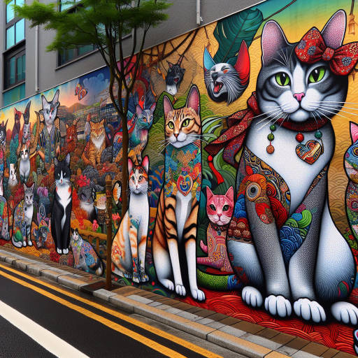 Imagine a vibrant cultural festival where colorful street art depicting cats in different forms and poses adorns every corner. Create an image that captures the whimsical and playful atmosphere of this unique celebration, where feline-inspired art becomes a central theme in showcasing the diversity of cultures and artistic expressions.