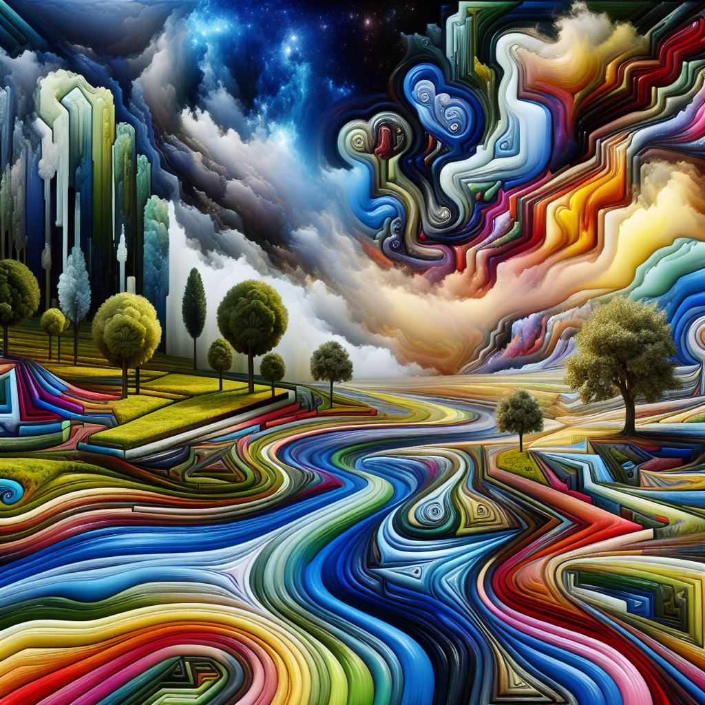 Imagine a surreal landscape where vibrant abstract shapes and patterns seamlessly blend with elements of nature, creating a whimsical and otherworldly scene. Capture this unique and imaginative combination in a visually stunning image that leaves viewers in awe of the beauty and creativity of the world around us.