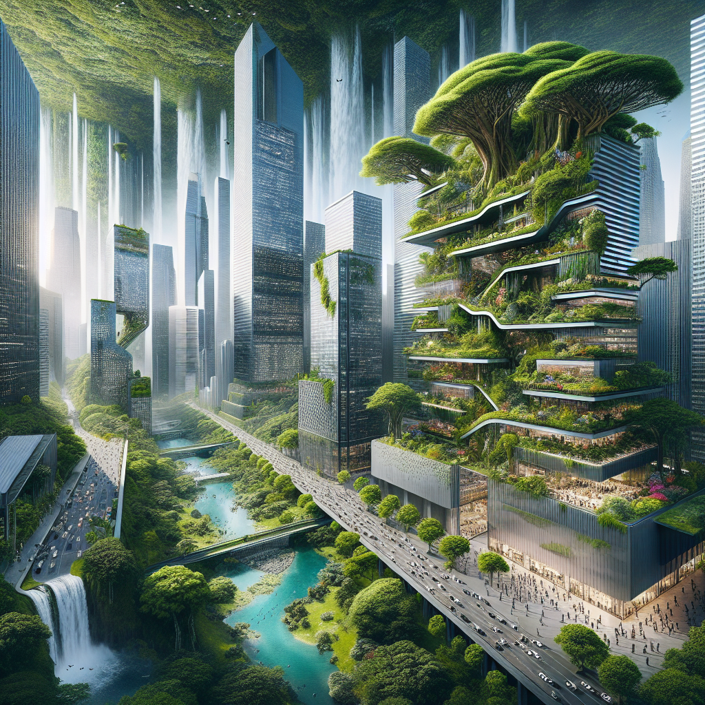 City: Imagine a futuristic metropolis where skyscrapers are intertwined with lush, green forests and flowing rivers. 

Business: Picture a sleek, modern office building surrounded by vibrant gardens and cascading waterfalls, where employees work in harmony with nature.

Nature: Envision a serene, untouched wilderness where ancient trees grow through abandoned city streets, reclaiming the urban landscape and creating a stunning fusion of nature and man-made structures.