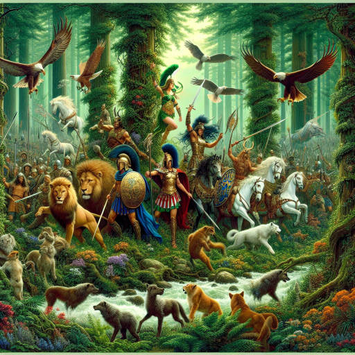 Imagine a lush, overgrown forest where ancient warriors from different eras of history come together for a grand battle, as majestic animals such as lions, eagles, and wolves roam freely among the trees. Capture the chaotic yet harmonious scene of nature and wildlife intertwining with historical reenactments in this fantastical setting.