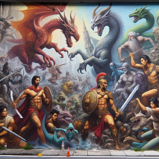 Imagine a street art piece of a historical reenactment scene from ancient times, where mythical creatures and fantastical beings are battling alongside warriors in a fierce struggle. Let your imagination run wild as you bring to life a world where fantasy and mythology collide on the streets of a modern city.