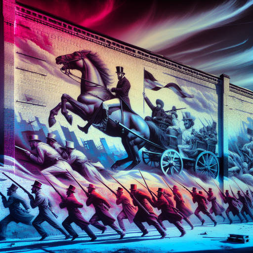 Imagine a street art-inspired mural depicting a vivid historical reenactment scene, captured through the lens of infrared photography. The colors and details are transformed in a surreal and captivating way, blending the past and present in a unique and thought-provoking piece of art.