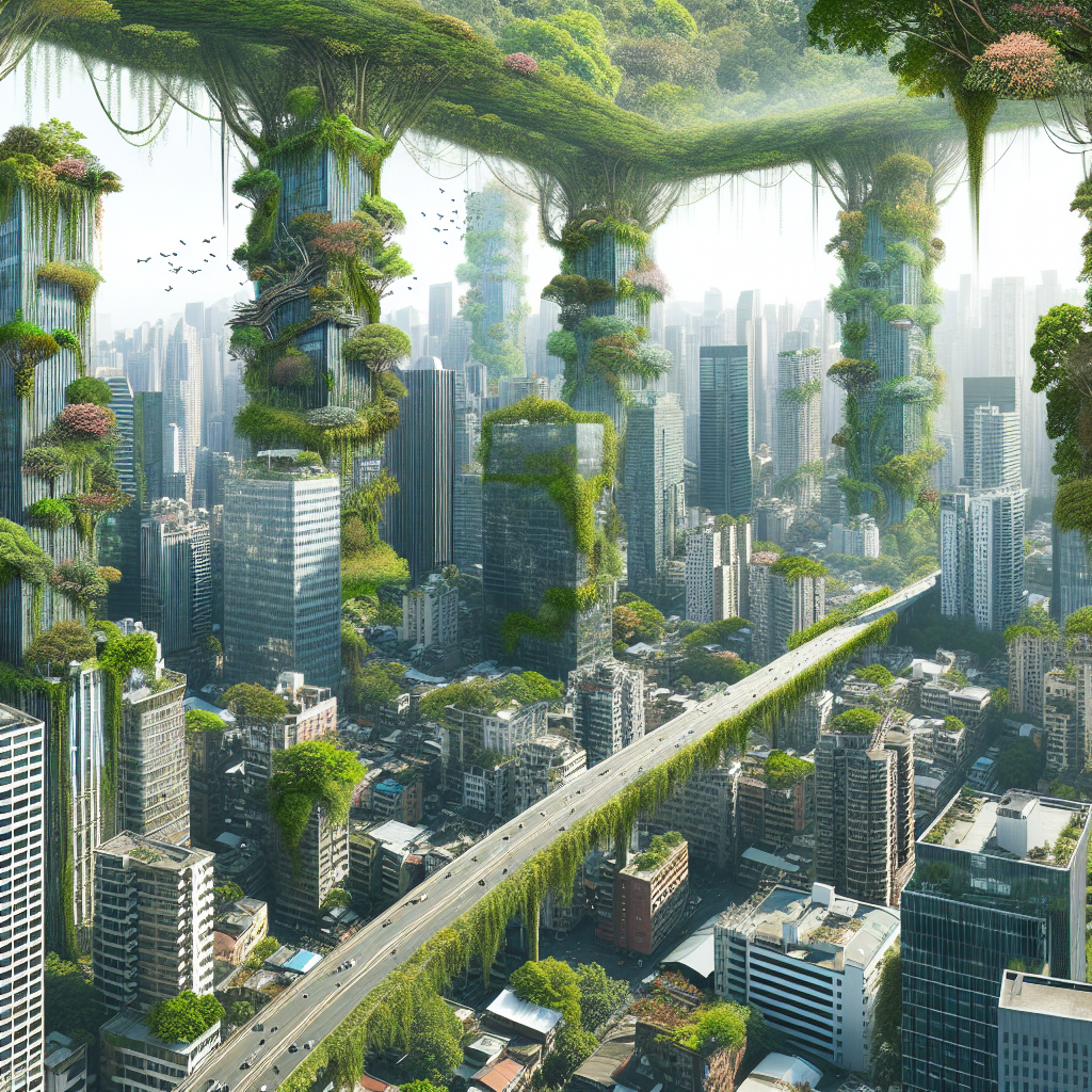 City meets nature in a fantastical urban jungle, where skyscrapers are entwined with towering trees and lush greenery. Picture a bustling metropolis where buildings are covered in vines and wildlife freely roam the streets, creating a harmonious blend of man-made structures and natural beauty.