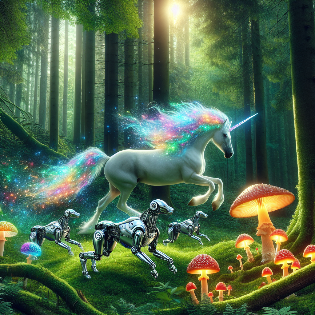 Create an image of a majestic unicorn galloping through a lush forest filled with glowing neon mushrooms, surrounded by a pack of shimmering robotic wolves.