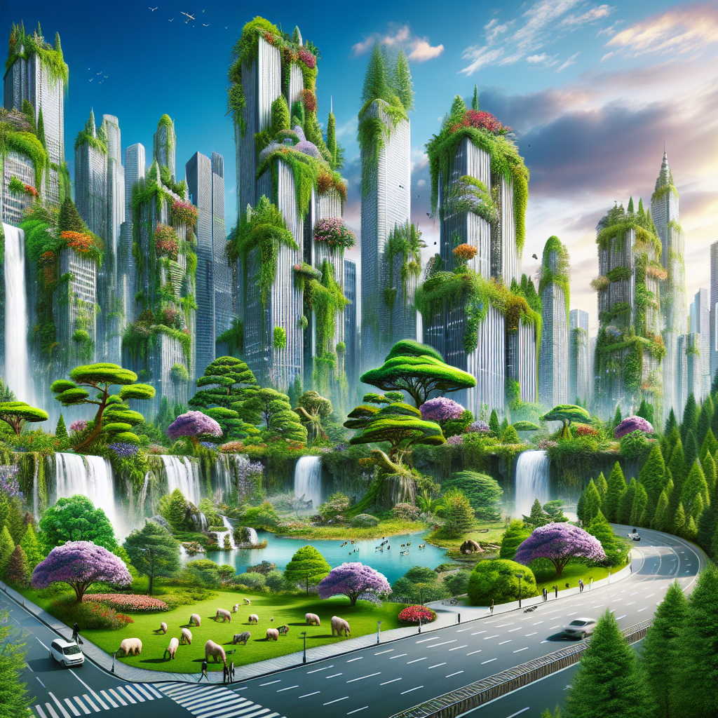 Imagine a vibrant cityscape where skyscrapers are engulfed in lush green vines and flowers, with cascading waterfalls flowing down the sides of buildings. The streets are lined with colorful trees and bushes, and wildlife roams freely among the bustling city life. Capture the surreal beauty of the harmonious coexistence between nature and the urban landscape.