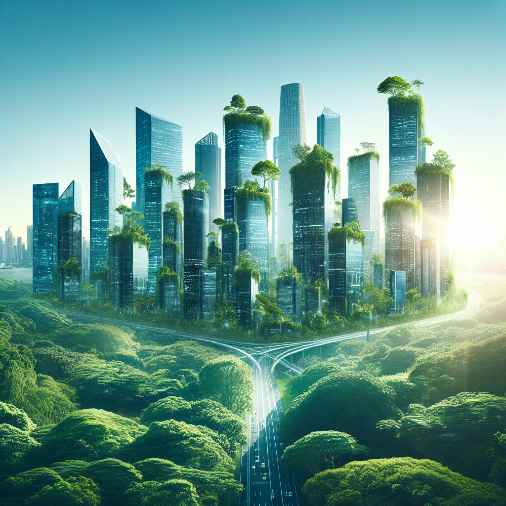 Create an image of a futuristic cityscape where lush green forests intertwine with sleek skyscrapers, blending the beauty of nature with the innovation of modern business.