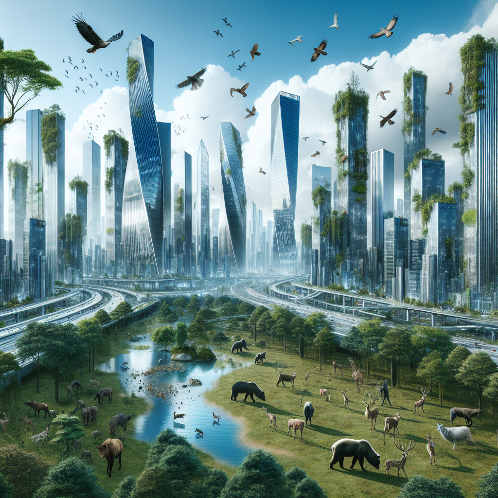 Imagine a futuristic city where wild animals roam freely among towering skyscrapers and lush green forests. Create an image that captures the harmony between nature and urban life in this imaginative world.