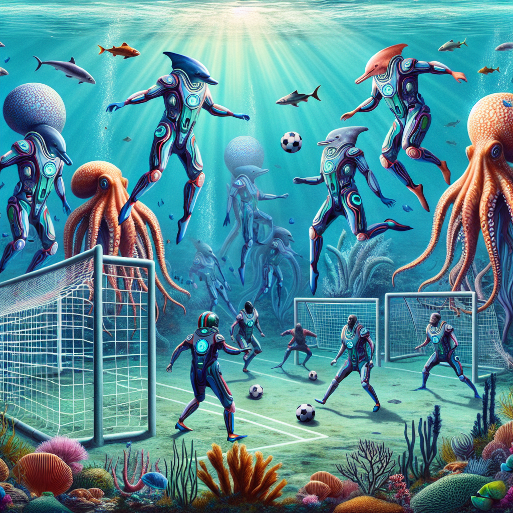 Create an image of a futuristic underwater soccer match between team of dolphins and octopuses, with the goalposts made of giant coral formations and the players wearing advanced hydrodynamic suits.