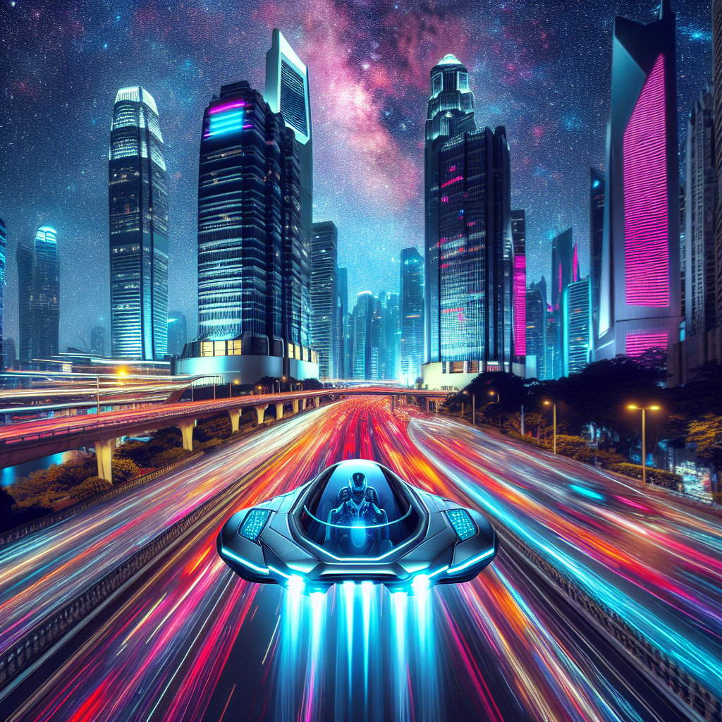 "Create an image of a futuristic hovercraft taxi service flying through a bustling metropolis, with skyscrapers and neon lights illuminating the city skyline."