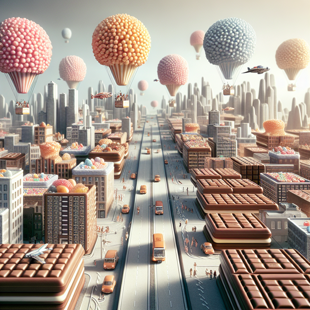 Imagine a city where the streets are paved with chocolate bars, the buildings are shaped like giant hot air balloons, and the residents travel around in flying cars made of cotton candy. Capture this whimsical and deliciously surreal scene in an image that combines food, transport, and city elements in unexpected ways.