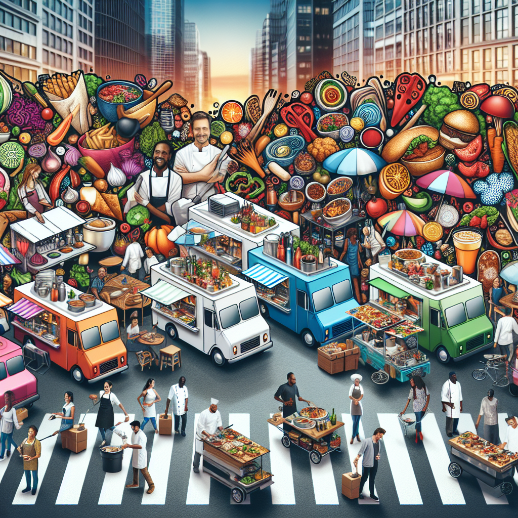 Create an image of a bustling city street filled with food trucks, each serving up unique and innovative dishes created by local entrepreneurs. The colorful and vibrant scene showcases the intersection of food, city, and business, capturing the essence of creativity and entrepreneurship in urban environments.