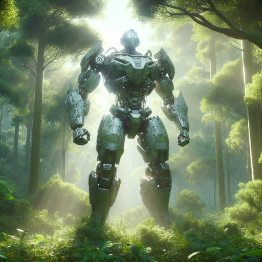 A heroic robot standing tall amidst a lush, overgrown forest, its metallic armor shimmering in the dappled sunlight as it protects the precious flora and fauna within its realm.