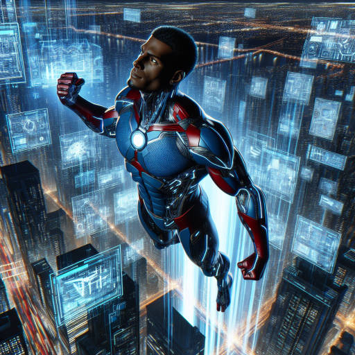 Imagine a futuristic superhero soaring through the sky, equipped with a technologically advanced suit that allows them to control and manipulate electronic devices with a mere thought. Show the hero standing on top of a skyscraper, surrounded by a dazzling display of glowing holographic screens and floating data streams, ready to save the city from a high-tech villain's evil scheme.