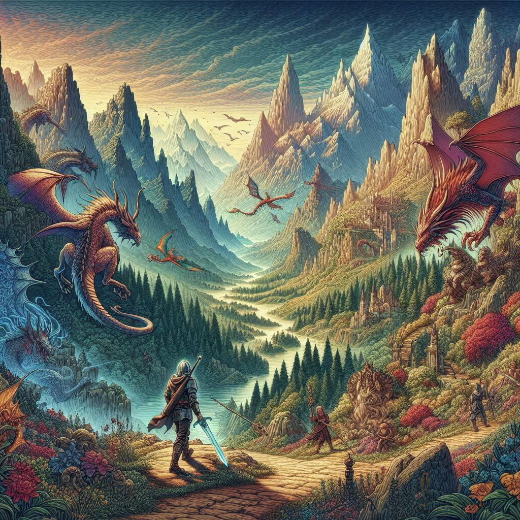 A lone traveler embarks on an epic journey through a mythical land, armed with a magical sword and guided by a legendary hero. The landscape is filled with towering mountains, lush forests, and fierce dragons. The traveler must overcome perilous obstacles and face formidable foes in order to fulfill their destiny and save the kingdom from darkness. Illustrate this epic scene with vivid colors and intricate details, capturing the sense of wonder and adventure as the hero's quest unfolds.