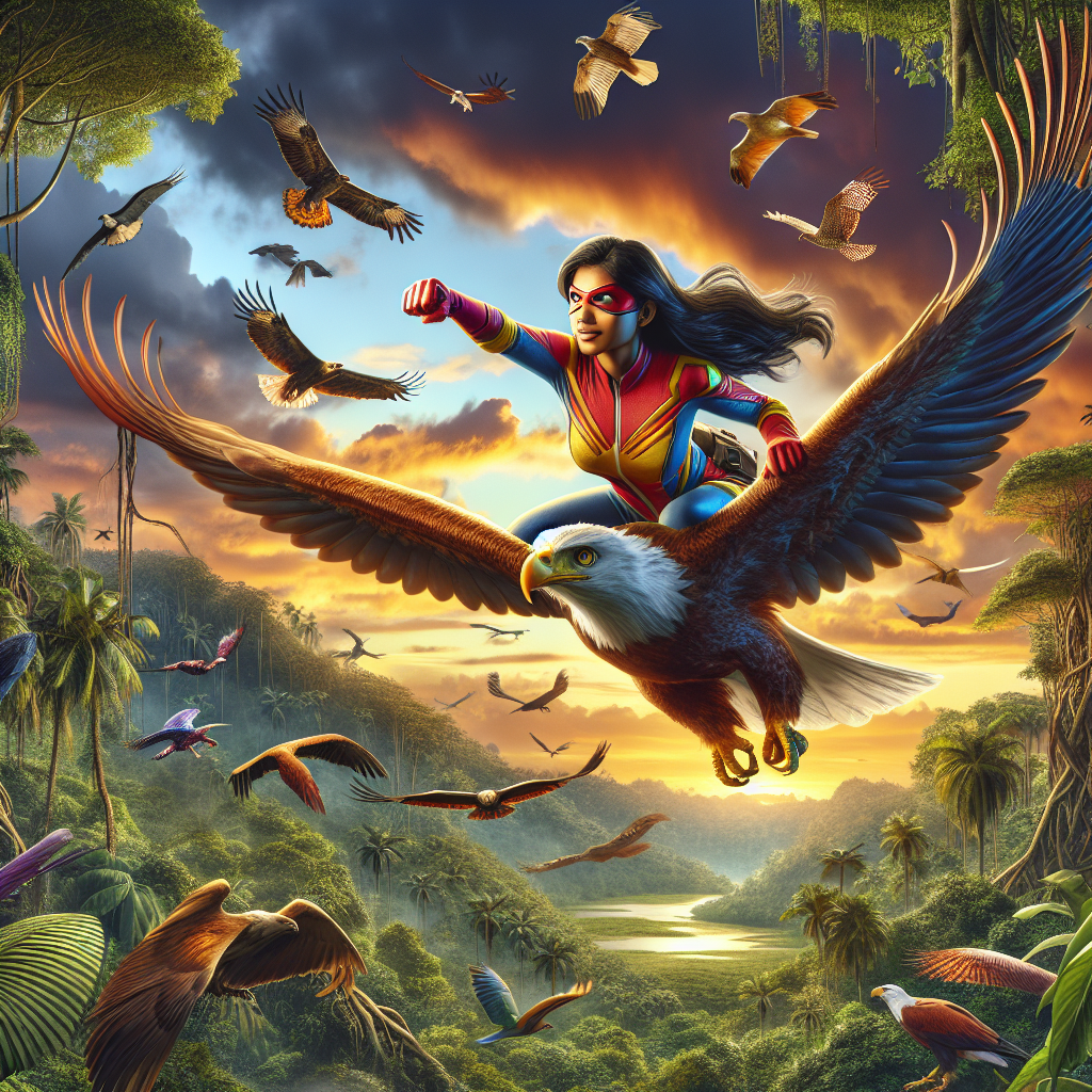 A brave superhero soaring through a vibrant sky filled with majestic wildlife, riding on the back of a giant eagle as they journey towards a hidden jungle sanctuary.