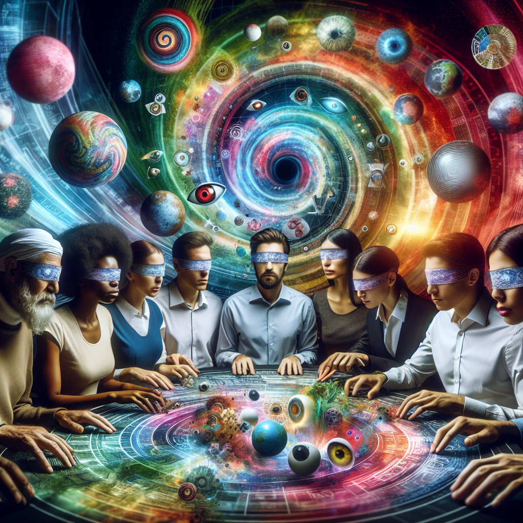 Create an image of a group of people playing a game where their eyes have the ability to see into the future, causing a colorful and mesmerizing display of visions and outcomes swirling around them.